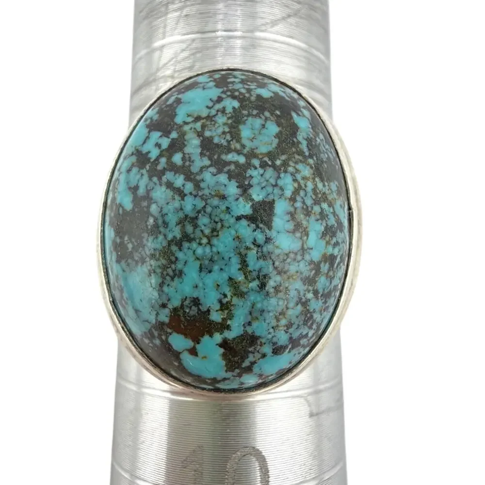 Large Oval Turquoise Matrix 925 Sterling Silver Statement Ring Size 9.5